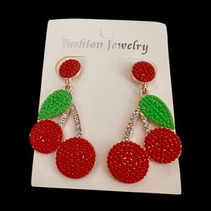 Vibrant Red and Green Cherry Earrings NWT